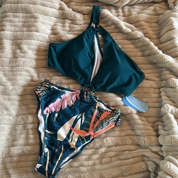 Brand New One Shoulder Swimsuit O-Ring Waist Bra Cup Green Tropical High Waist - Picture 7 of 14